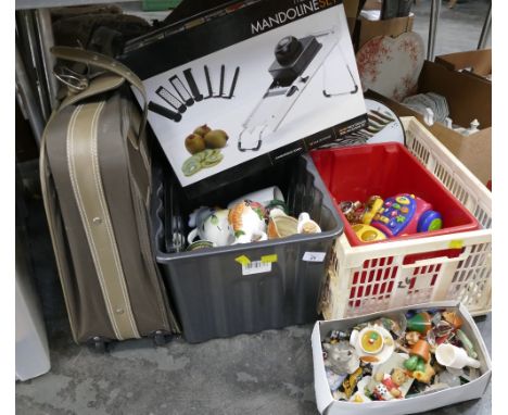 2 Suitcases and two boxes of toys, ceramics, fridge magnets, door furniture, zebra wall clock, mandolin&nbsp; etc