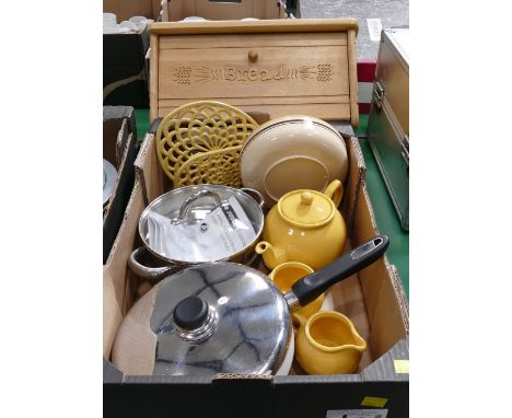 Wooden bread bin, box of ceramics and cookware - Judge steamer and yellow metal trivets