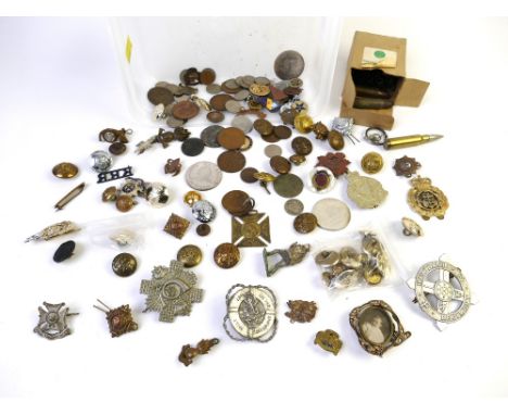 Collection of military buttons, badges, Victorian photographic brooch, bullet key chain, box of vintage L2A2 target ammo shel