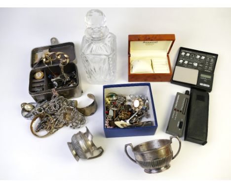 Decanter, wooden jewellery box, Diamond Selector II, E Fast jewellery scales, pewter milk jug and sugar bowl, quantity of cos