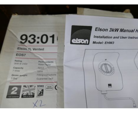 Boxed Elson 7 ltr vented water heater and Elson 3 K manual handwash
