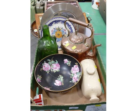 Large copper kettle, green glass pouring bottle and quantity of ceramics, hot water bottle etc (bowl AF)