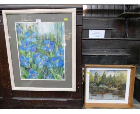Indistinctly signed mixed media picture of blue flowers and lake in forest Nr Froddle Crook by P Liverick