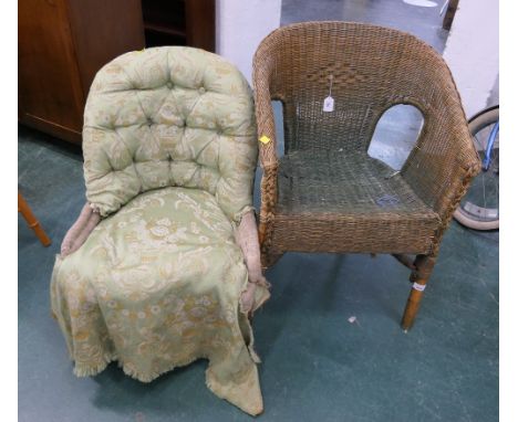 Wicker chair and deep button backed low chair