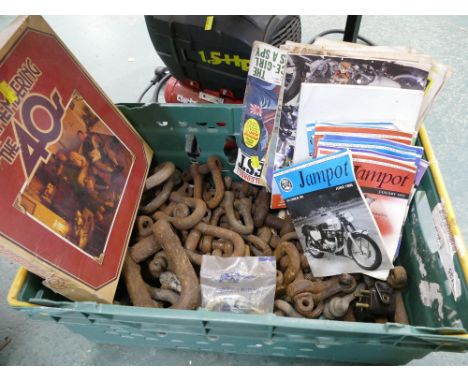 Box of metal hooks and bolts, jam pot, AJS Motorcycle Owners Club magazines etc