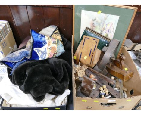 Two boxes of spinning wheel parts, sewing accessories, Hummel figurines, picture, vintage wedding dress etc