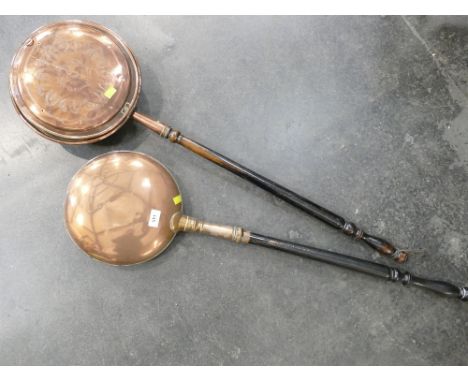 Two copper long armed bed warming pans