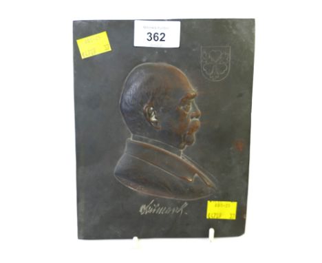 Metal plaque, possibly bronze, featuring Otto Von Bismarck, 19 cm x 15 cm