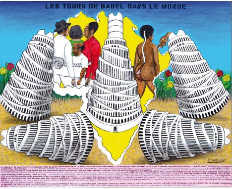 2004 “Tour de Babel” / Cheri Samba / Acrylic on canvas - - Sizes: 96 x 78cm - Weight (K): 5.1kg - Condition: Good condition -