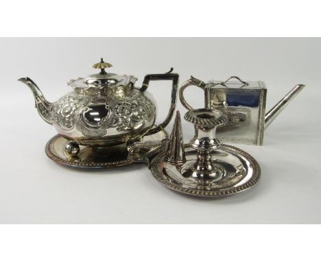 A Victorian plated tea pot, embossed with flowers, chinoiserie teapot, chamber stick and a salver, (4).