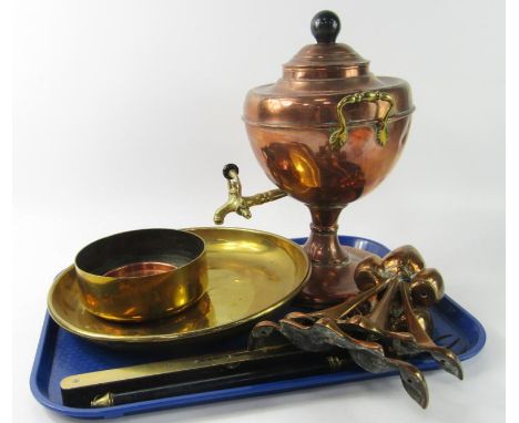 A Victorian copper and brass tea urn, brass dish bearing touch marks, shell case bowl, toasting fork, ebony and brass spirit 