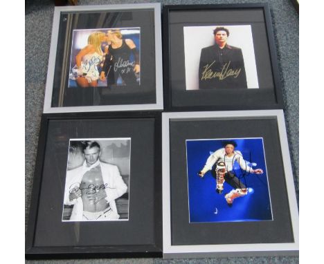 Four framed autographed photographs of David Beckham, Michael Jackson, Keanu Reeves and Madonna and Britney Spears.