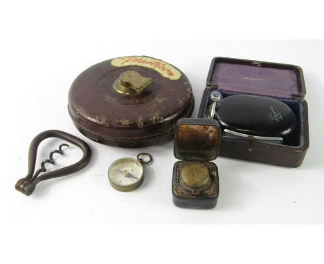 A French Theo-Pygmy torch, John Bone & Sons Plasticom tape measure, Victorian travelling inkwell, folding corkscrew and a poc