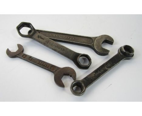 Four vintage spanners, comprising a Rolls Royce spanner, two Bentley 1909/10 spanners and a larger 1924/25 Bentley spanner, a