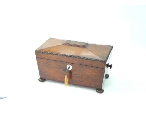 A Regency rosewood tea caddy, of sarcophagus form, the lid with a gadrooned edge, opening to reveal two cannisters flanking a