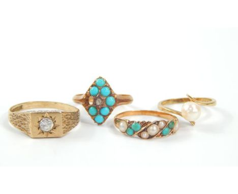 An 18ct gold turquoise and diamond marquis shaped ring, yellow metal, seed pearl and turquiose ring, 9ct gold and cultured pe