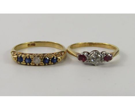 An 18ct gold ruby and diamond three stone ring, size M, and an 18ct gold sapphire and synthetic five stone ring, size P, 6.0g