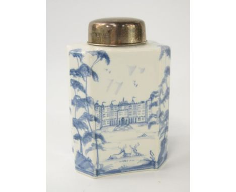 An Isis Ceramics Deltware pottery tea caddy, painted with a palace and parkland with deer and follies, with silver mount and 