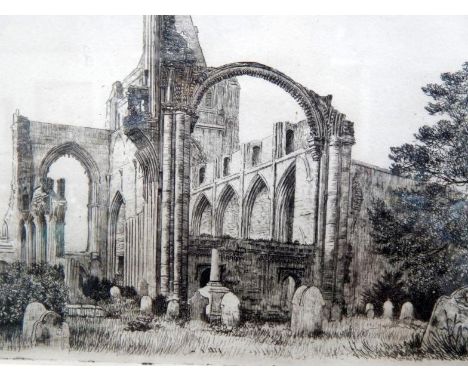 R Farren. Abbey Ruins, a pair of etchings, circa 1889, 15.5cm x 23cm.