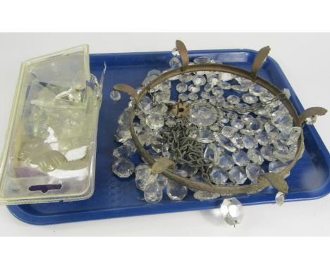A crystal bag chandelier in a brass frame, together with a box of chandelier drops.