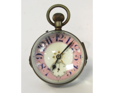 A Goliath Globe watch, enamel dial with pink chapter ring bearing Arabic numerals, subsidiary seconds dial, visible movement,