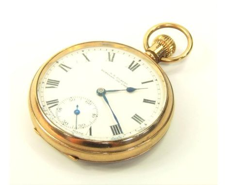 A 9ct gold cased gentleman's pocket watch, keyless wind, open faced, white enamel dial bearing Roman numerals, subsidiary sec
