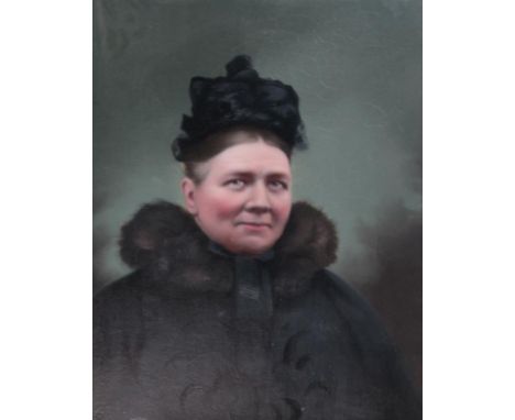 English School, half length portrait of a lady in black, oil on board, 49.5cm x 38cm.