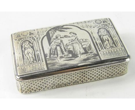 A French late 19thC silver and niello snuff box, decorated with Rebecca at the well flanked by two figural niches, 9cm x 5.5c
