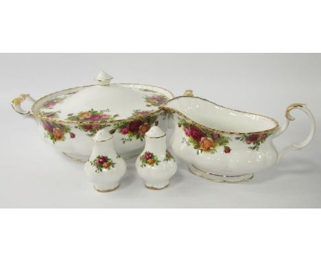 A Royal Albert porcelain part dinner service, decorated in the Old Country Roses pattern, comprising a pair of graduated meat