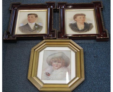English school (late 19thC). Half length portraits of a bride and groom, pair of watercolours, 31cm x 25.5cm, together with a