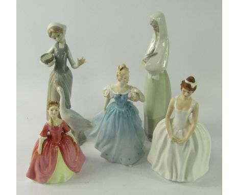 Royal Doulton figures, modelled as Enchantment HN2178, Ann HN2739 and Debbie HN2400, a Lladro figure of a girl with a goose, 