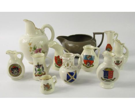 A Wedgwood early 19thC Drabware cream jug, Royal Worcester porcelain compressed jug painted with spring flowers, circa 1903, 