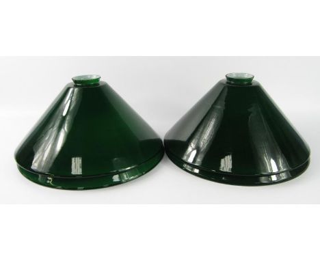 A set of four green glass snooker table overhead lamp shades, 29.5cm diameter.