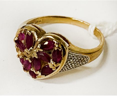 GOLD, DIAMOND &amp; RUBY RING - SIZE N - A/F - (2 SMALL STONES MISSING)