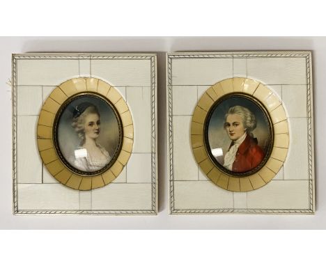 TWO PORTRAIT MINIATURES SIGNED OF STATELY GENTLEMAN &amp; LADY - 6 X 5.5 CMS PORTRAIT ONLY