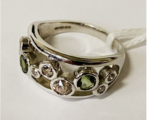 9K WHITE GOLD CLUSTER RING - GREEN TOURMALINE 0.40CTS - DIAMONDS 0.60CTS - SIZE K - 5.4 GRAMS APPROX