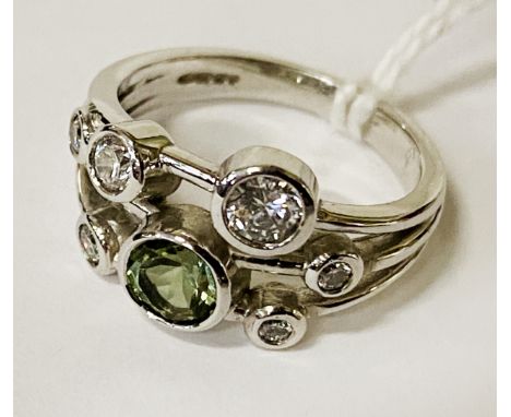 9K WHITE GOLD  - 0.40CT GREEN TOURMALINE 0.60CT DIAMOND RING - SIZE K - 4.3 GRAMS APPROX