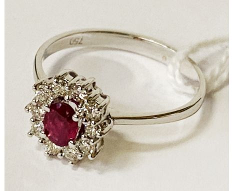 18CT WHITE GOLD, DIAMOND &amp; RUBY RING - SIZE N