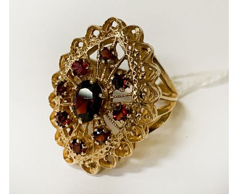 9 CARAT GOLD &amp; GARNET RING - SIZE N - 6.3 GRAMS APPROX