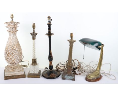 A selection of table lamps including a 19th century Japanned lamp (converted), a large gilt wood pineapple lamp, an early 20t