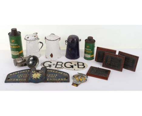 Ransomes Sims &amp; head metal sign, two BP Energol cans and three enamelled pots, with Red Seal Basket race plaques, (qty) N