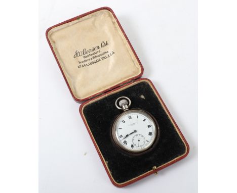 A silver cased pocket watch, J.W. Benson London, enamel dial with Roman numerals and subsidiary dial, in JW Benson leather ca