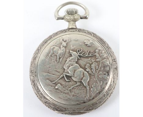 An interesting full hunter pocket watch, La Rochette, elaborately decorated with hunting scenes, the outer face with two stag