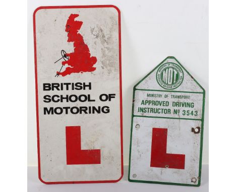Ministry of Transport Approved Driving Instructor enamel sign, with  British School of Motoring Sign, 19cmWx34cmH and 22cmWx4