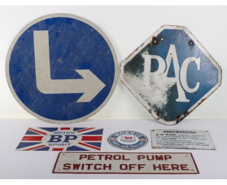Six enamel signs, including Morris Sales and Service, RAC, BP, and Petrol Switch Off, (6) Note: No in house shipping availabl