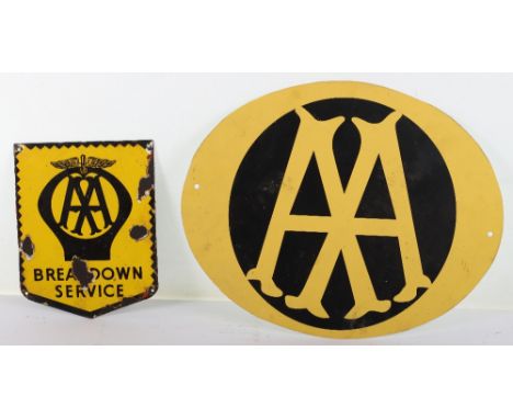 Two AA Breakdown Service enamel sign, withanother oval AA sign, 18cmWx23cmH and 40cmWx32cmH, (2) Note: No in house shipping a
