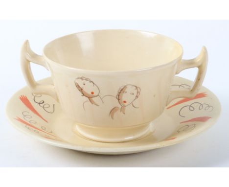 A Clarice Cliff for Wilkinson Bizarre pattern cup and saucer by Laura Knight, saucer 17cmDiam, saucer 14cmWx7cmH, (2)