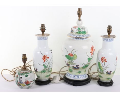 A large Chinese table lamp, with two smaller, and a Chinese ginger jar converted to a lamp, largest 50cmH, (4) Note: No in ho