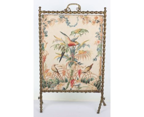 A Chinese silk fire screen, with foliate and birds, in faux bamboo brass frame, 48cmWx75cmH 