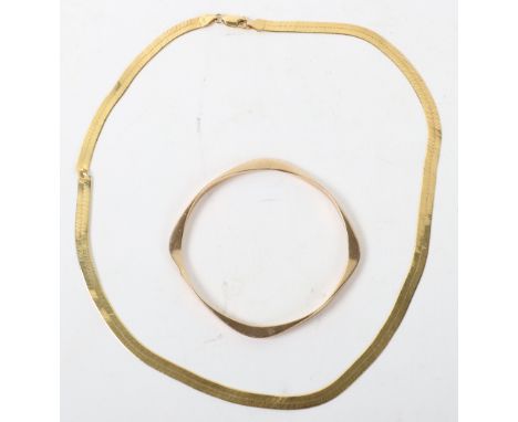 A 9ct gold bangle, with a 9ct gold necklace, total 22.84g, (2)